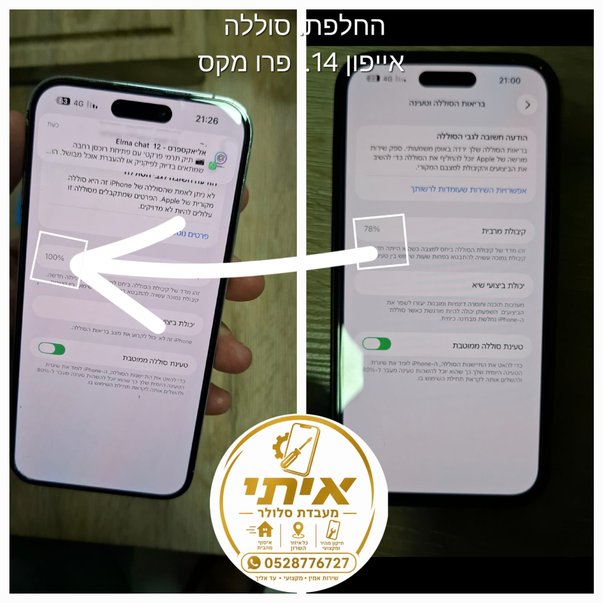 לפני ואחרי – החלפת סוללה לאייפון 14 פרו מקס, קיבולת מ-78% ל-100%